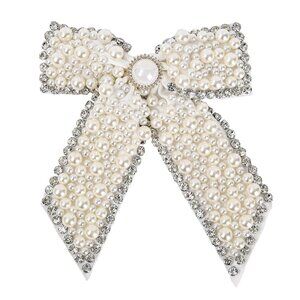 Large Pearl Rhinestone Hair Bow Clips- Full Sparkling Pearls with Crystal Stone